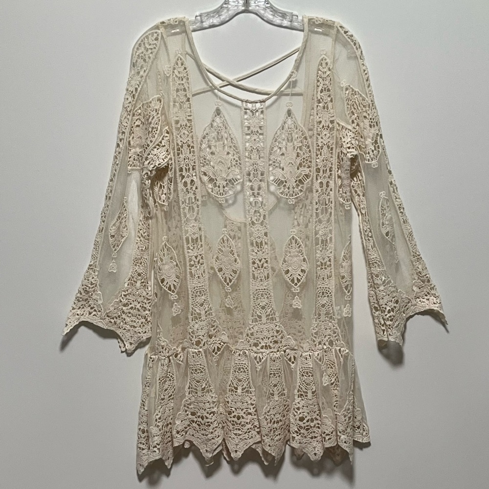 Jen's Pirate Booty cream cotton crochet sheer lace Mandolin Backless Mini dress - Picture 9 of 11